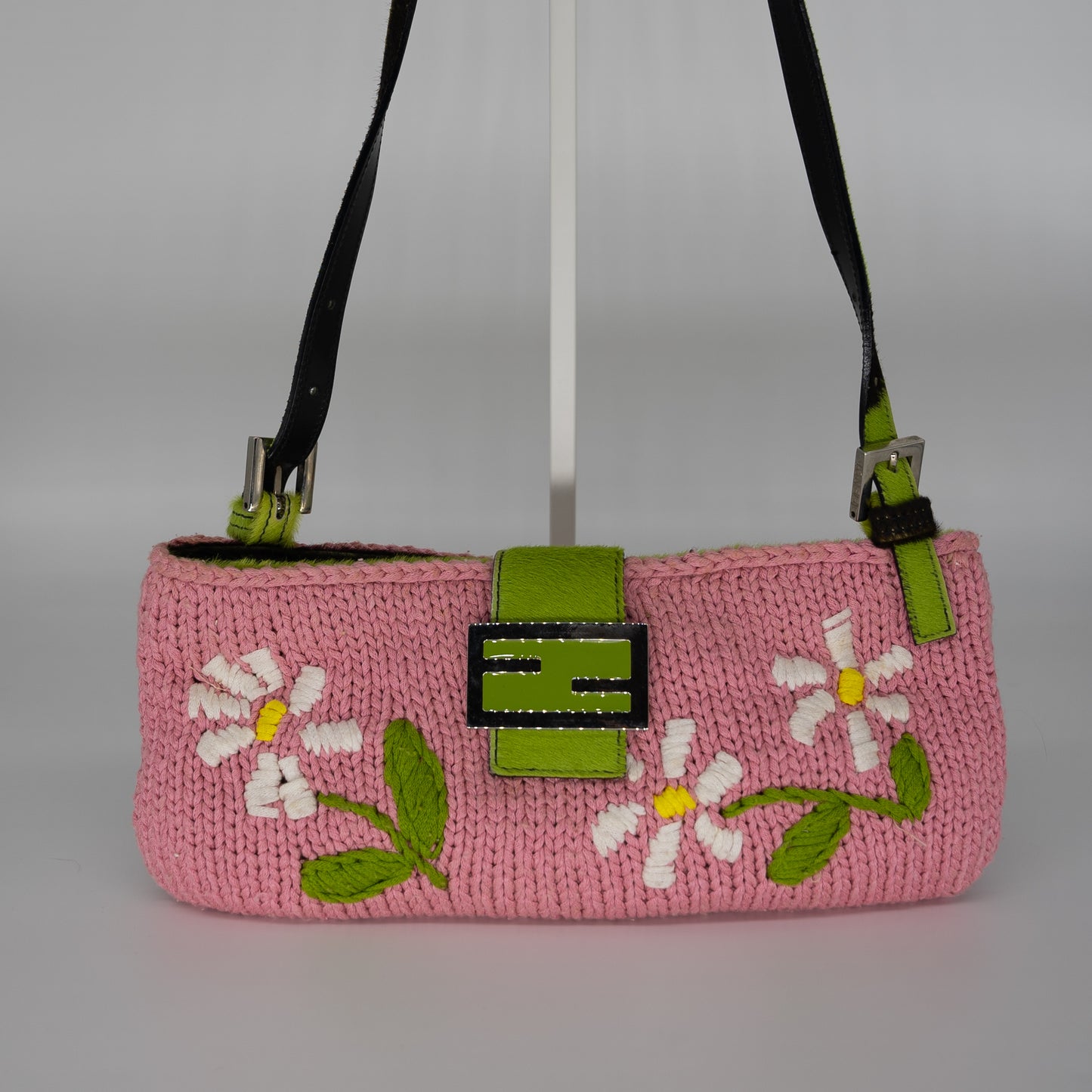Fendi Knit Embroidered Floral Pony Hair Baguette