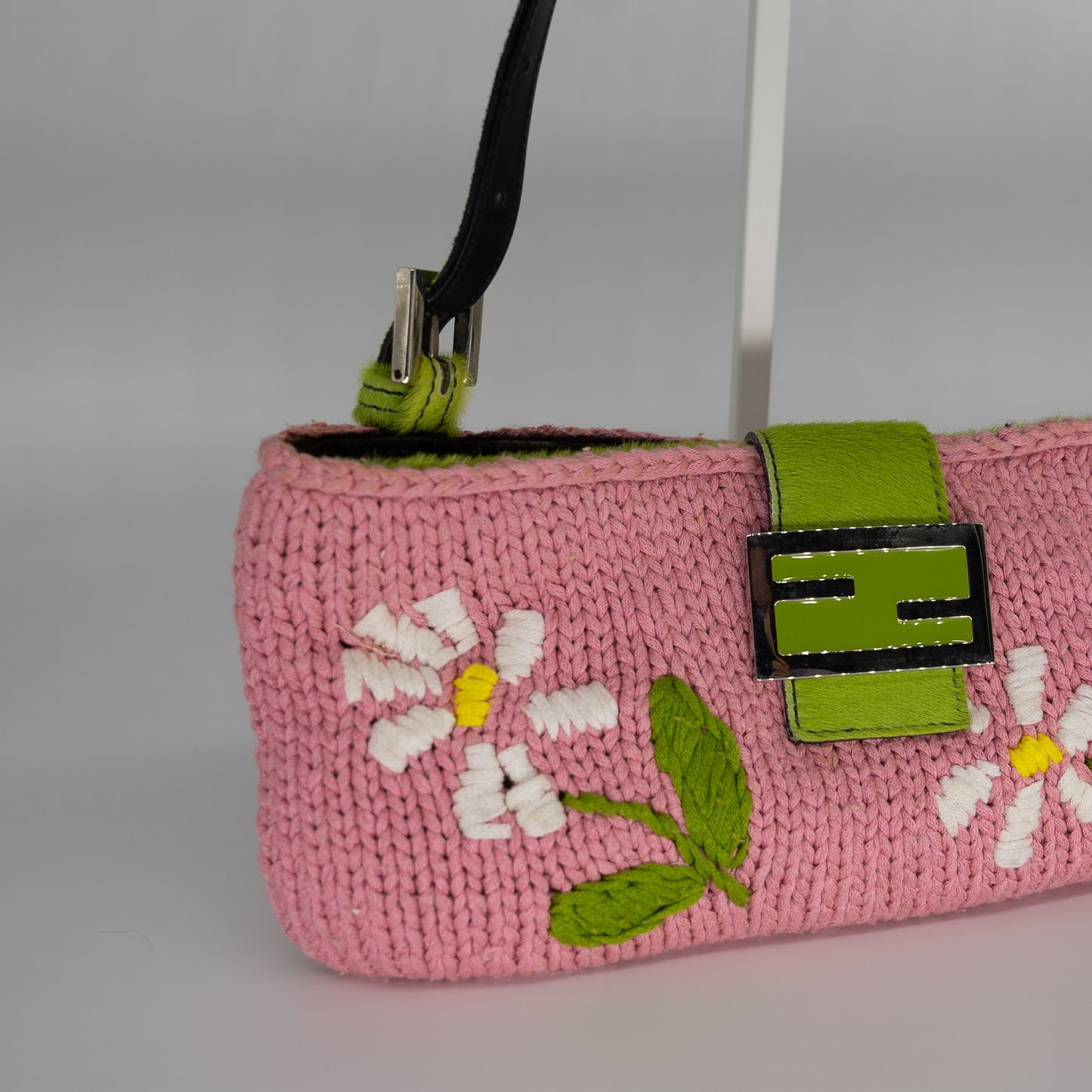 Fendi Knit Embroidered Floral Pony Hair Baguette