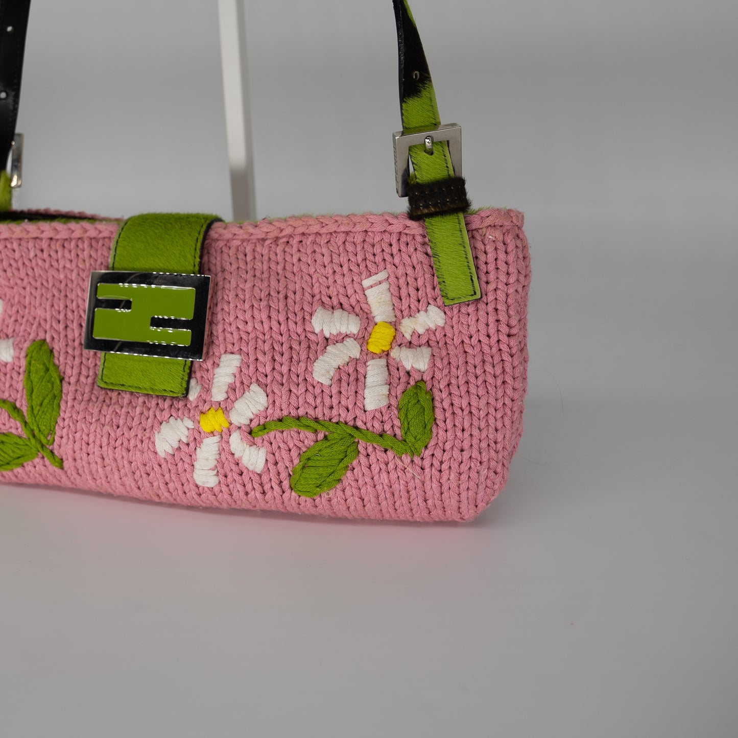 Fendi Knit Embroidered Floral Pony Hair Baguette