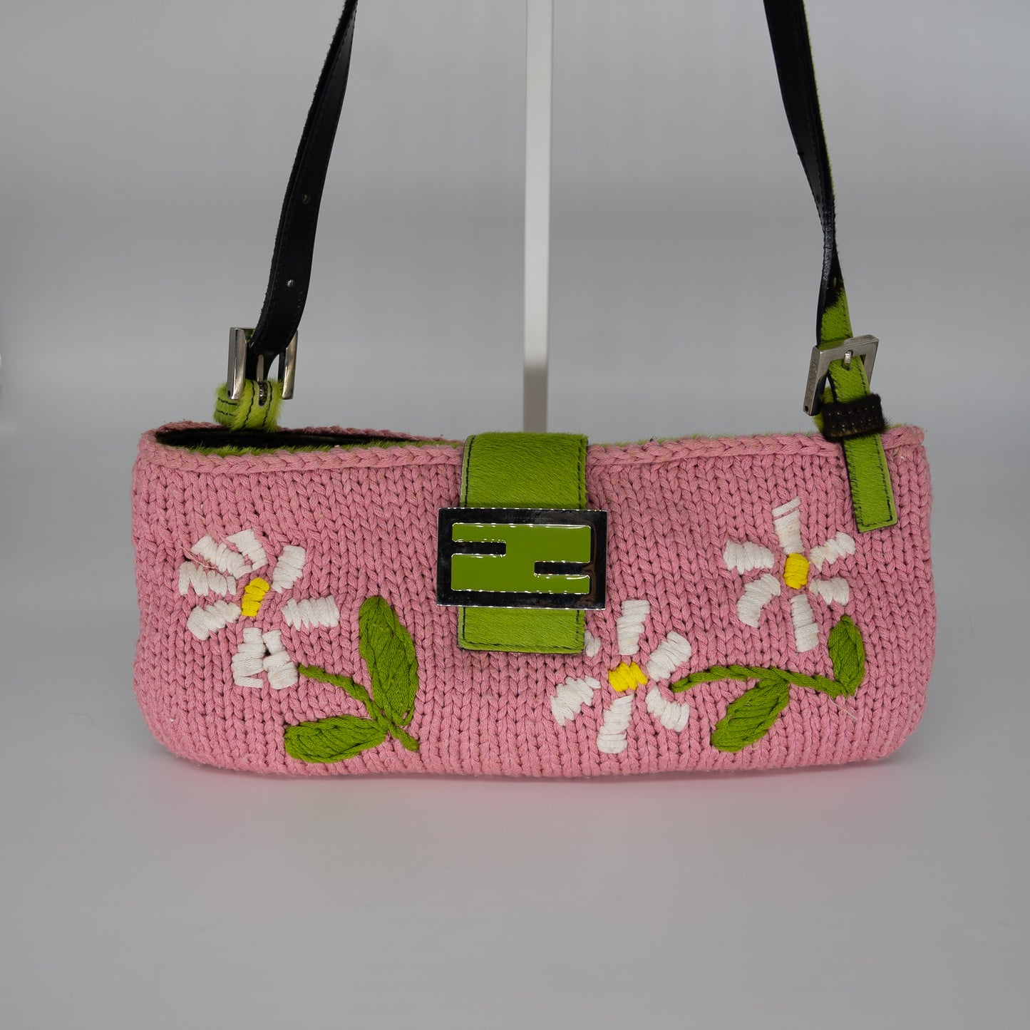 Fendi Knit Embroidered Floral Pony Hair Baguette