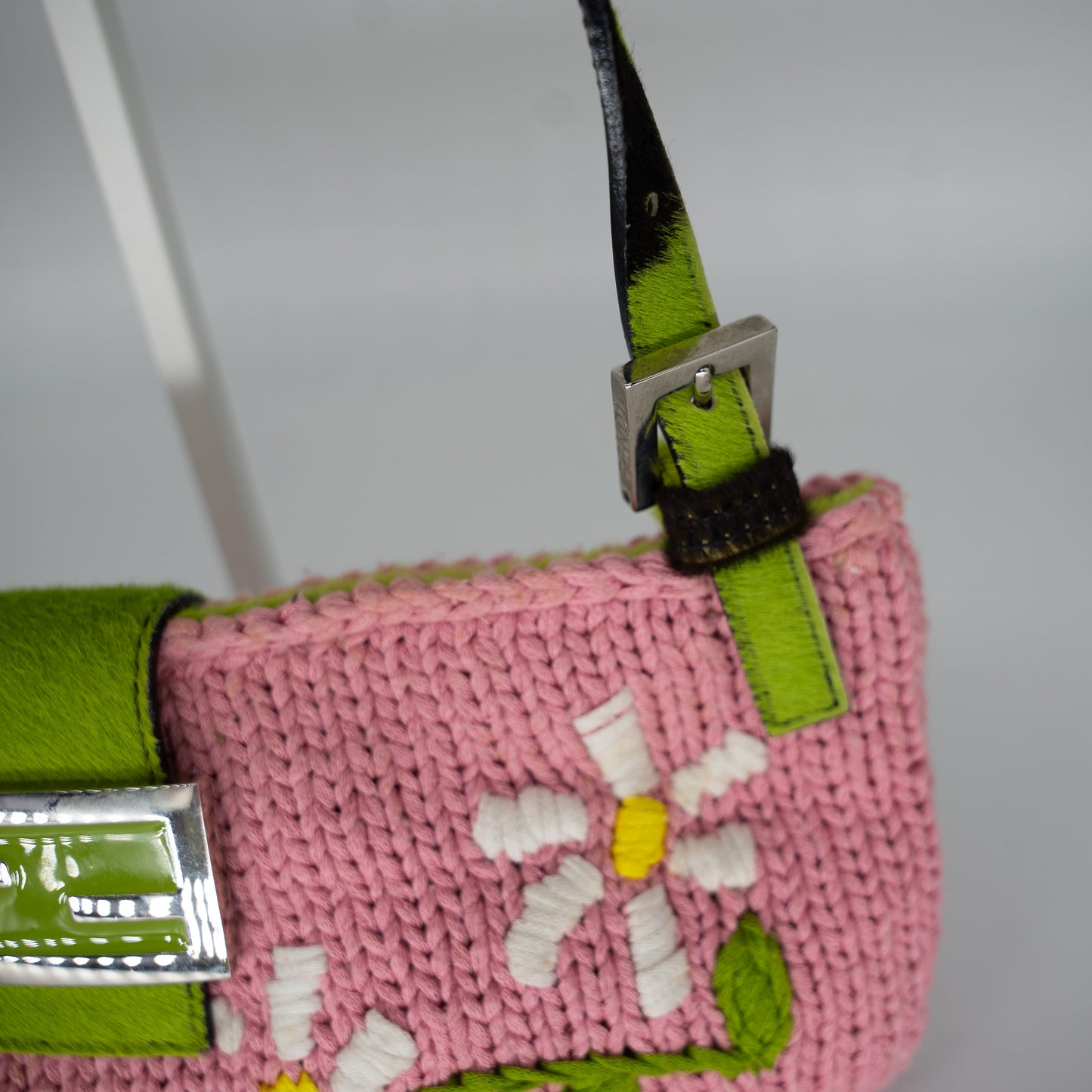 Fendi Knit Embroidered Floral Pony Hair Baguette