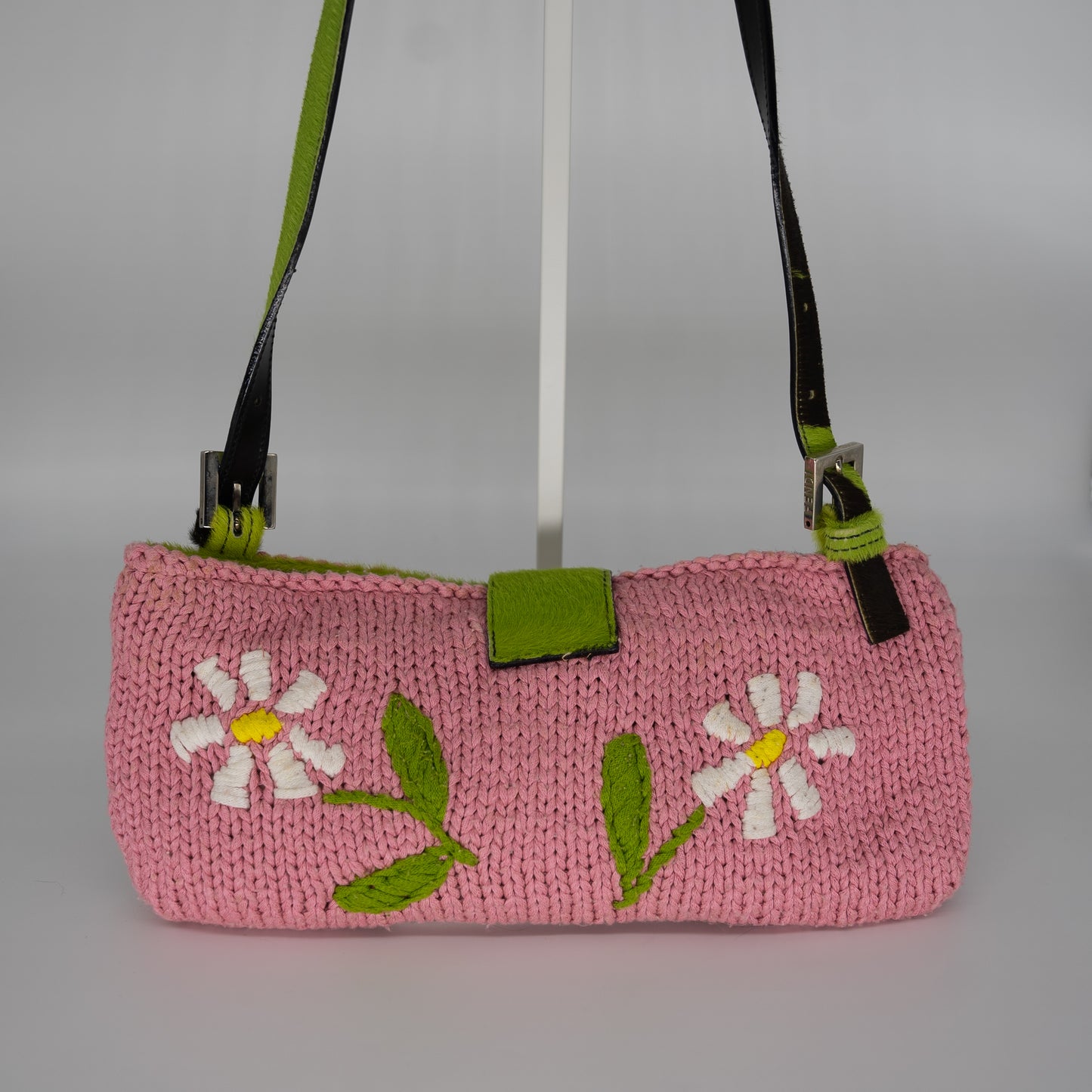 Fendi Knit Embroidered Floral Pony Hair Baguette