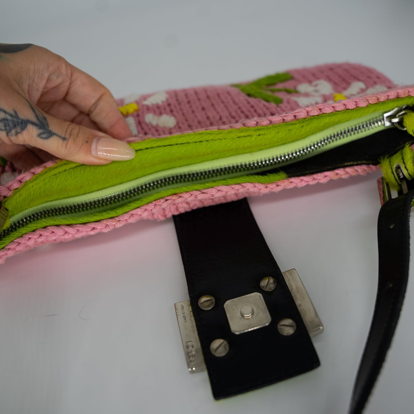 Fendi Knit Embroidered Floral Pony Hair Baguette