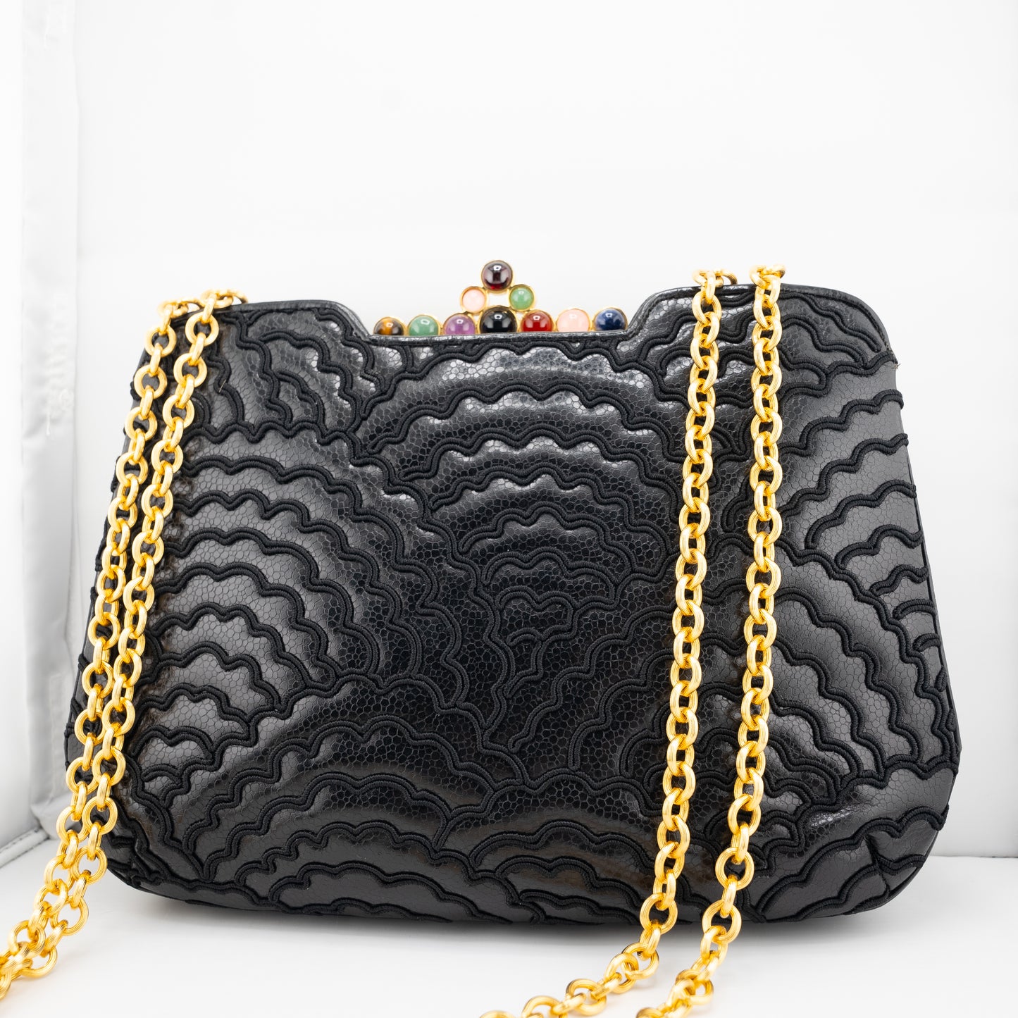 Judith Leiber Rare Vintage Shoulder Bag Crystal Gemstone Black Exotic Embroidered