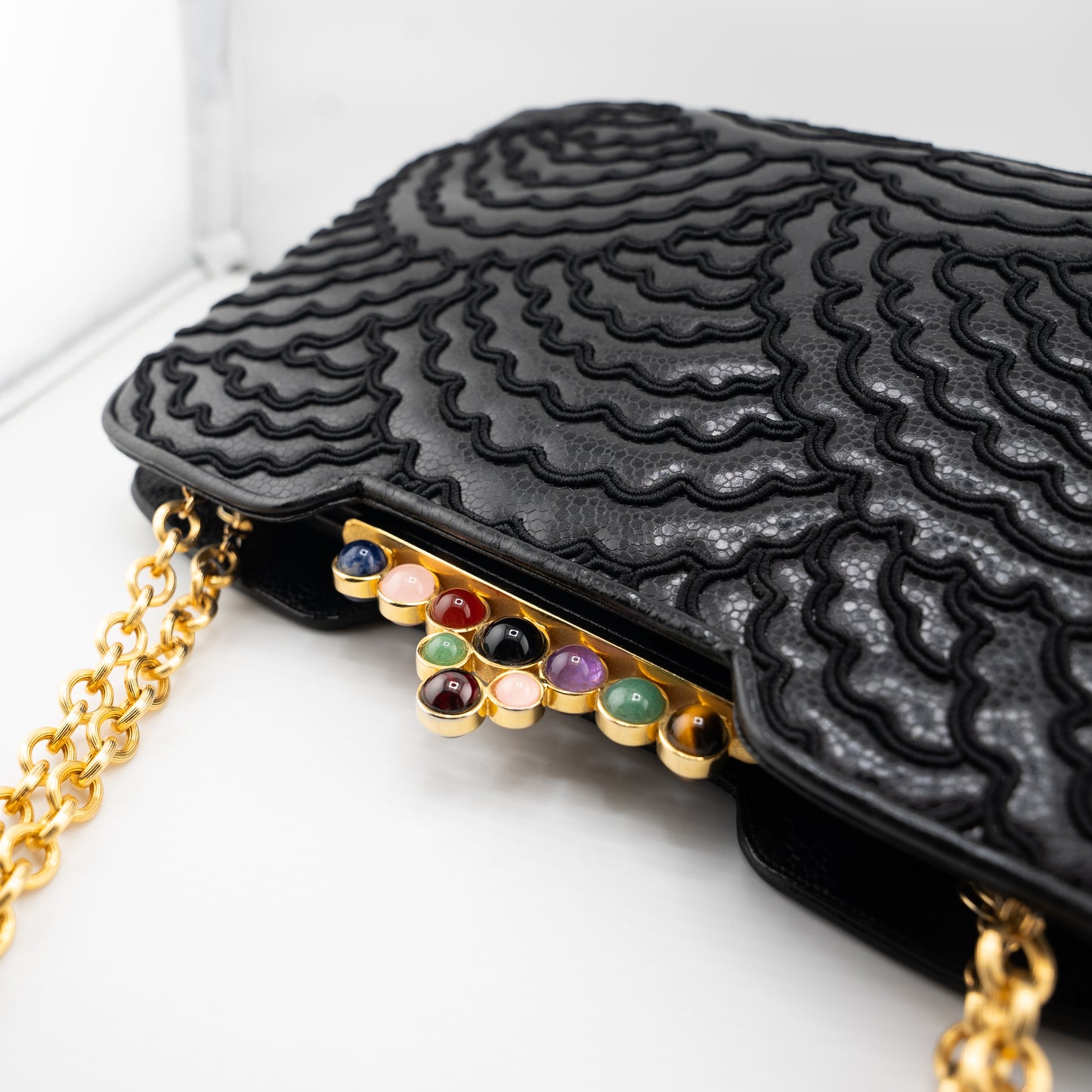 Judith Leiber Rare Vintage Shoulder Bag Crystal Gemstone Black Exotic Embroidered