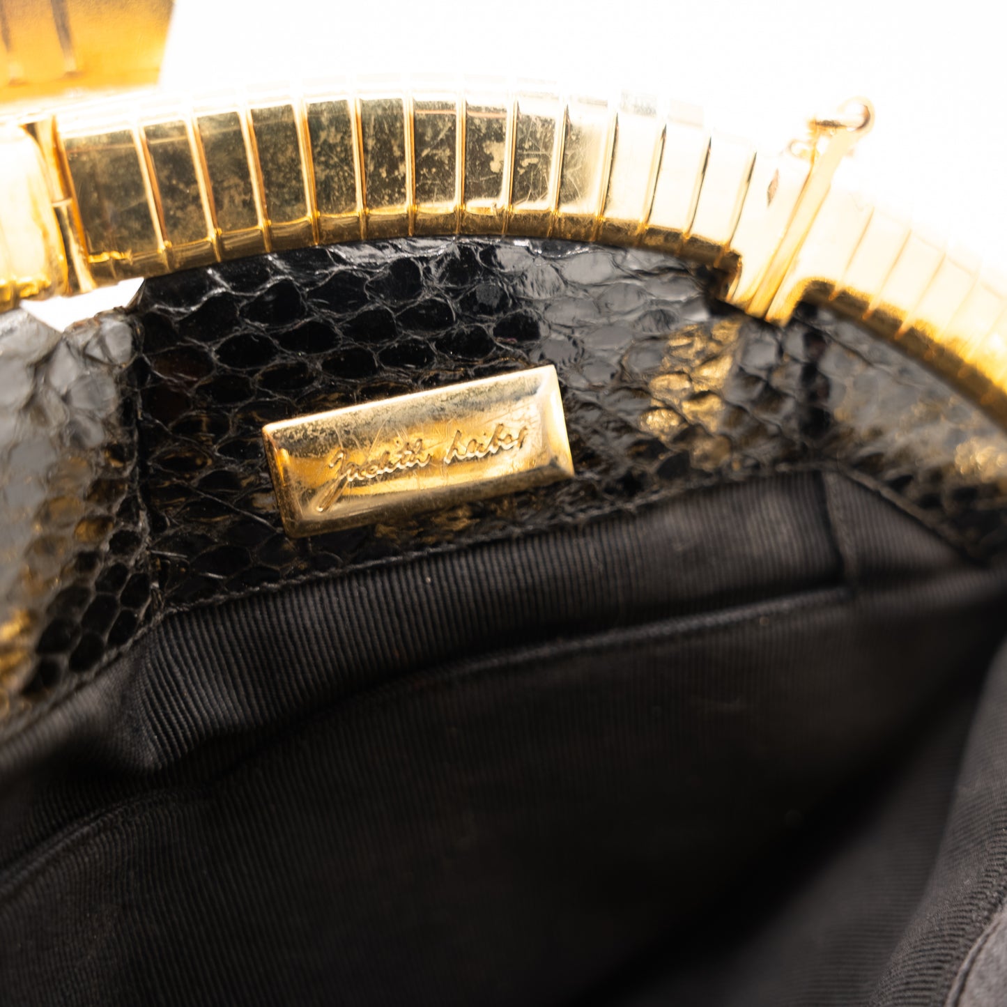 Judith Leiber Exotic Snakeskin Clutch Hand Bag Gold Chain