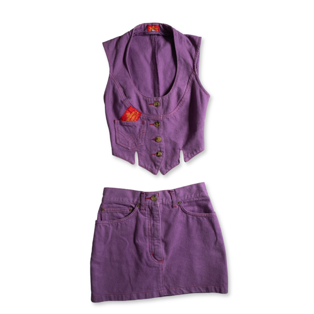 Vivienne Westwood S/S 1994 "Cafe Society" Vintage Denim Purple Matching Skirt Vest Set