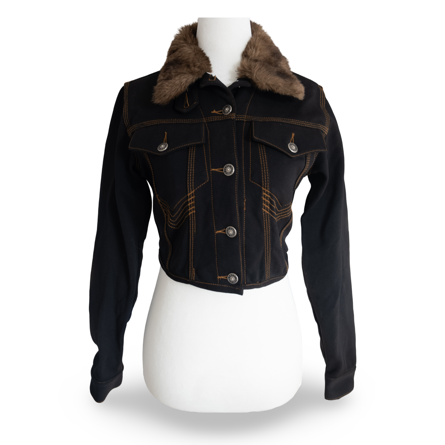 Jean Paul Gaulter Vintage 1990's Fur Collar Denim Cropped Jacket