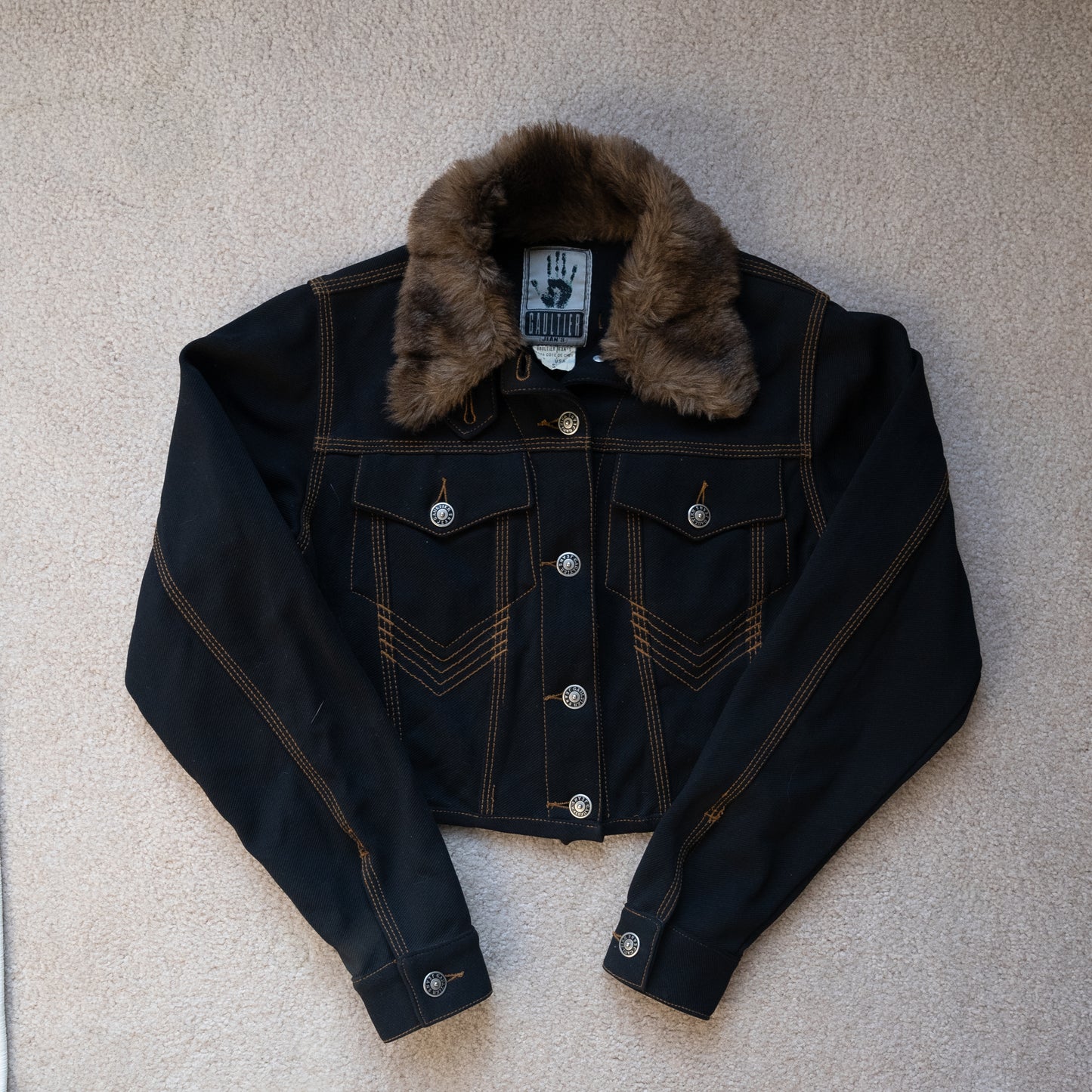 Jean Paul Gaulter Vintage 1990's Fur Collar Denim Cropped Jacket