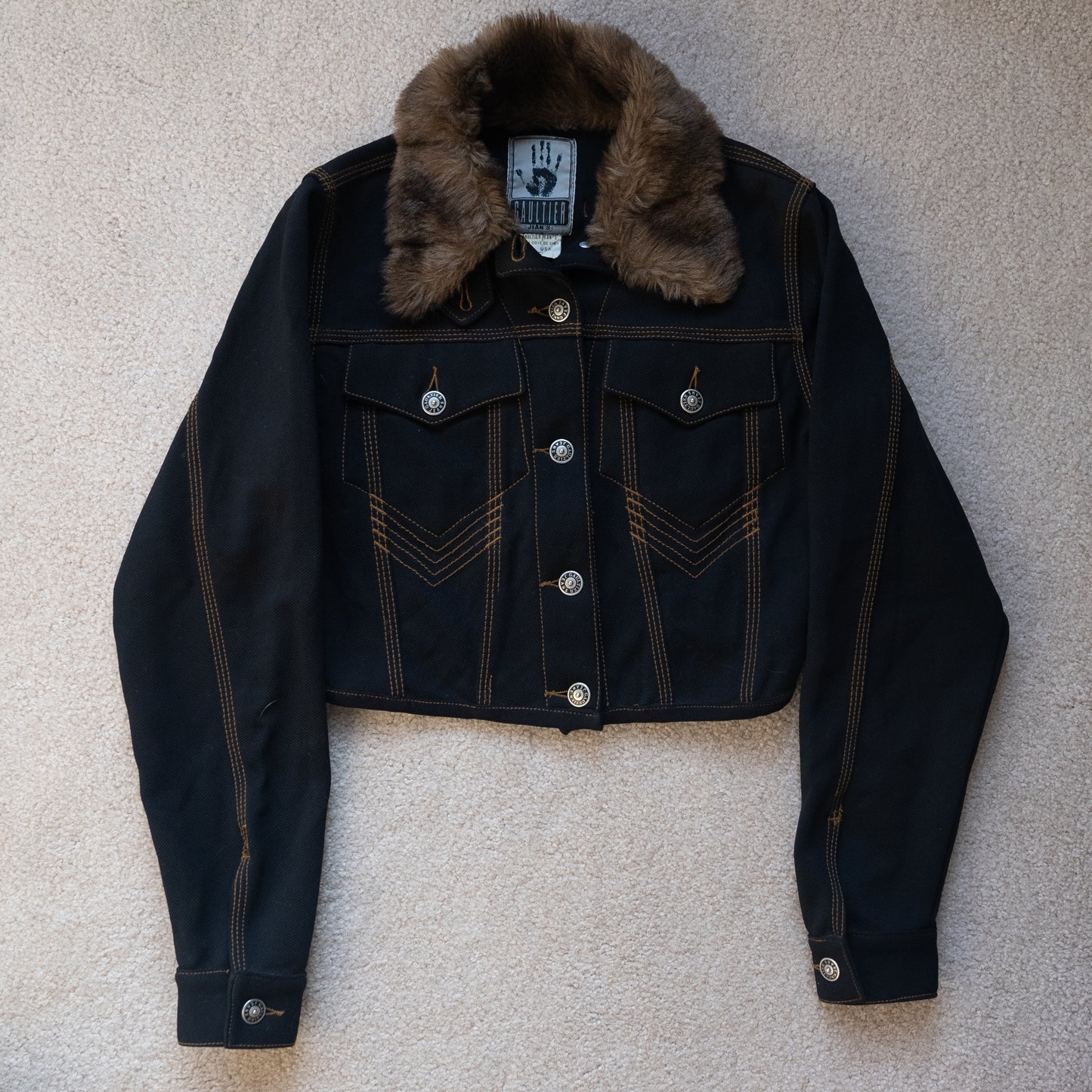 Jean Paul Gaulter Vintage 1990's Fur Collar Denim Cropped Jacket