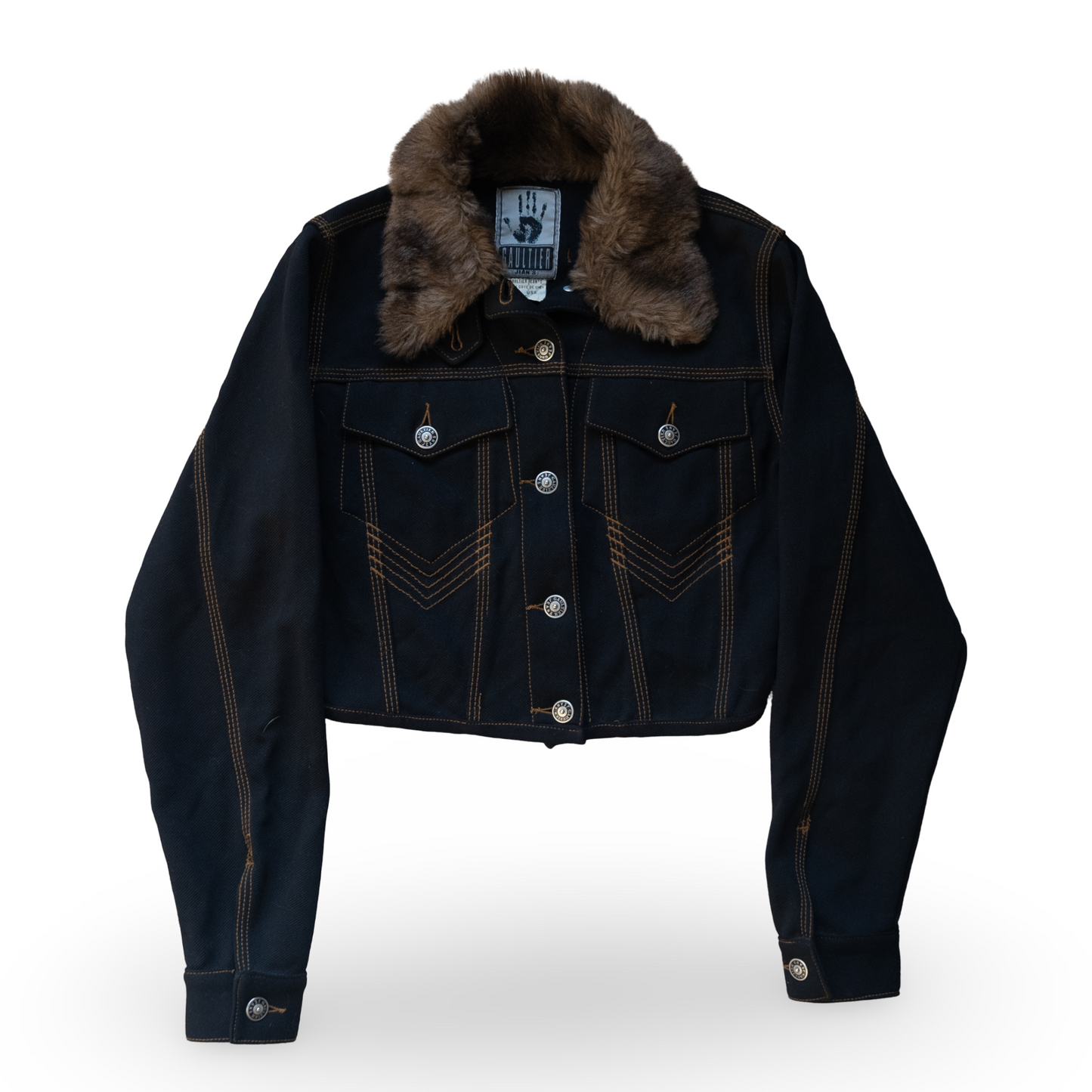 Jean Paul Gaulter Vintage 1990's Fur Collar Denim Cropped Jacket