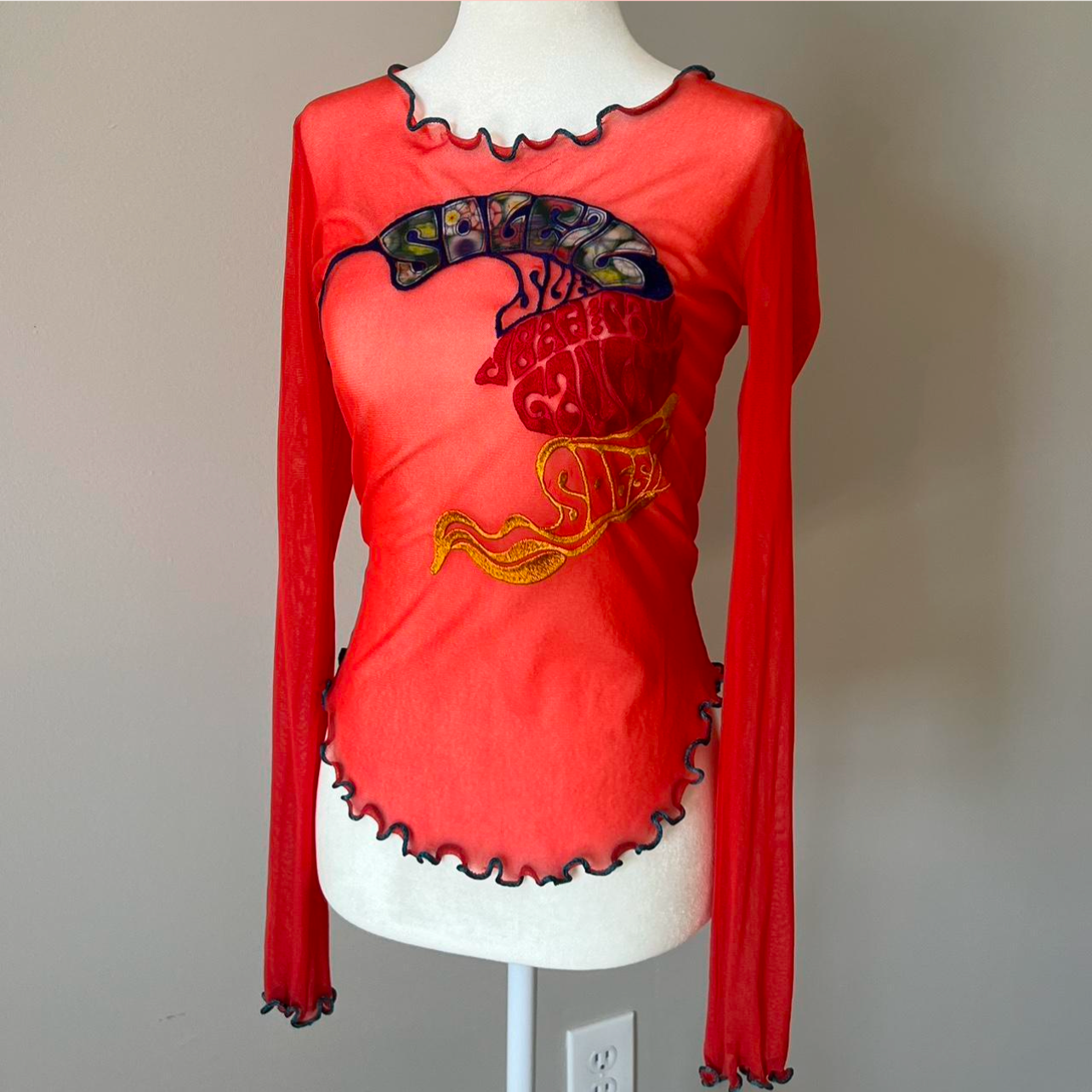 Jean Paul Gaultier 90-00's Mesh Sheer Graphic Long Sleeve Embroidered Lettuce Hem