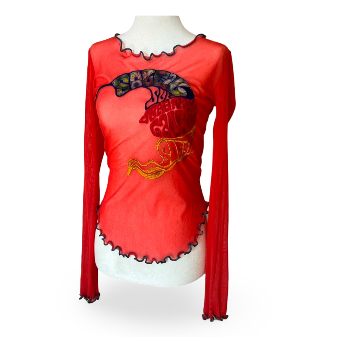 Jean Paul Gaultier 90-00's Mesh Sheer Graphic Long Sleeve Embroidered Lettuce Hem