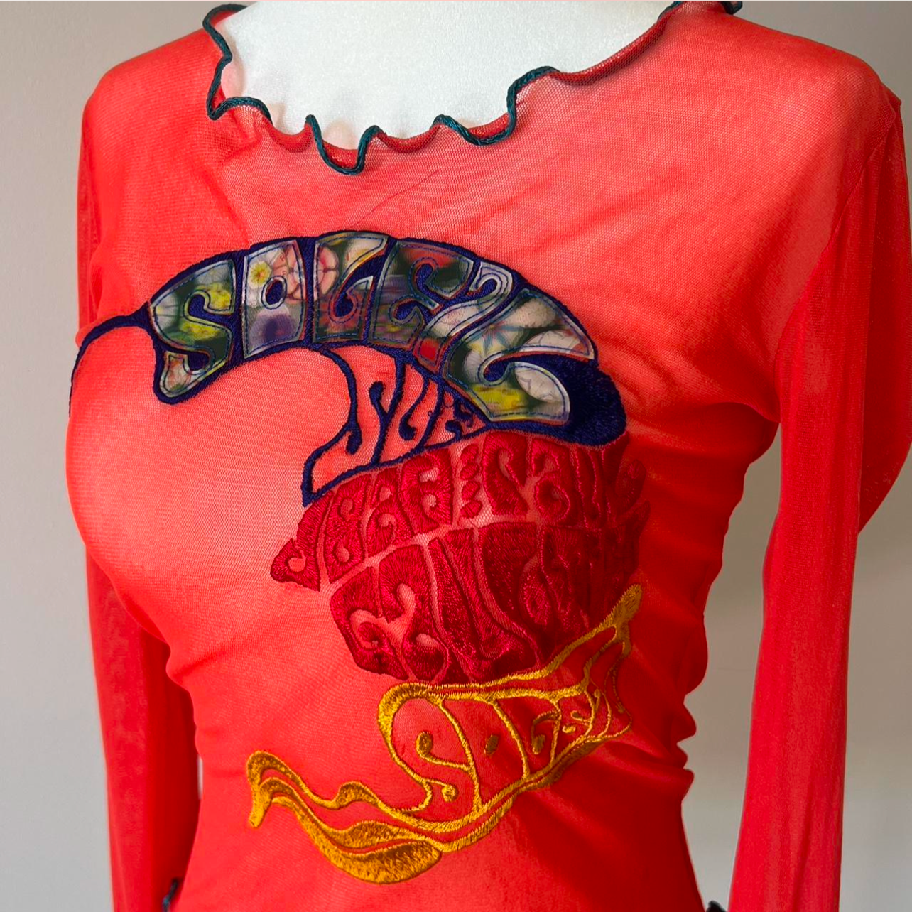 Jean Paul Gaultier 90-00's Mesh Sheer Graphic Long Sleeve Embroidered Lettuce Hem