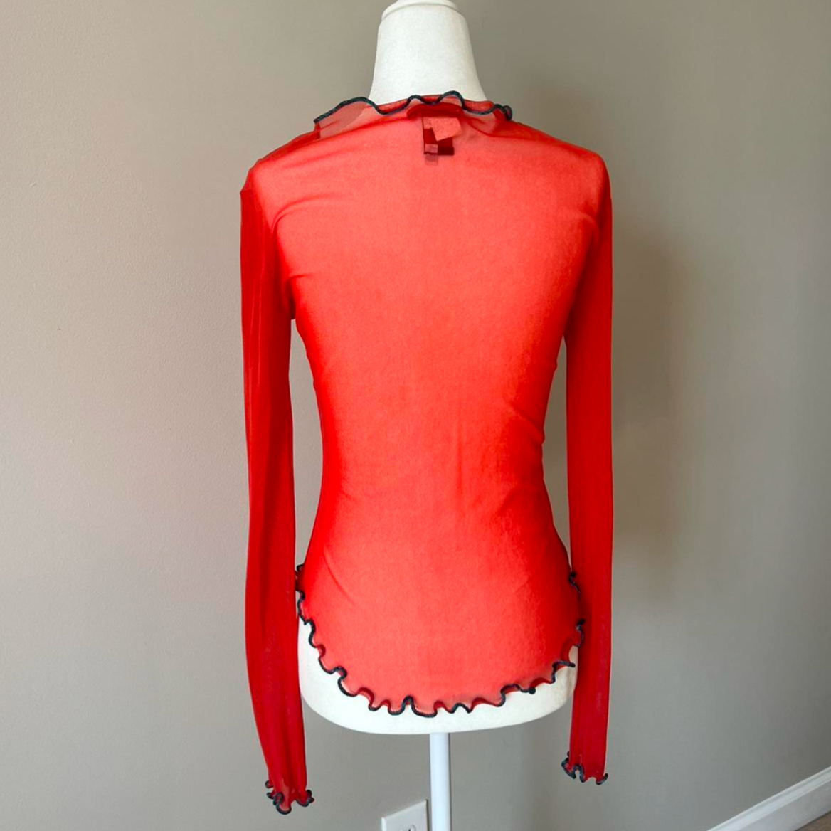 Jean Paul Gaultier 90-00's Mesh Sheer Graphic Long Sleeve Embroidered Lettuce Hem