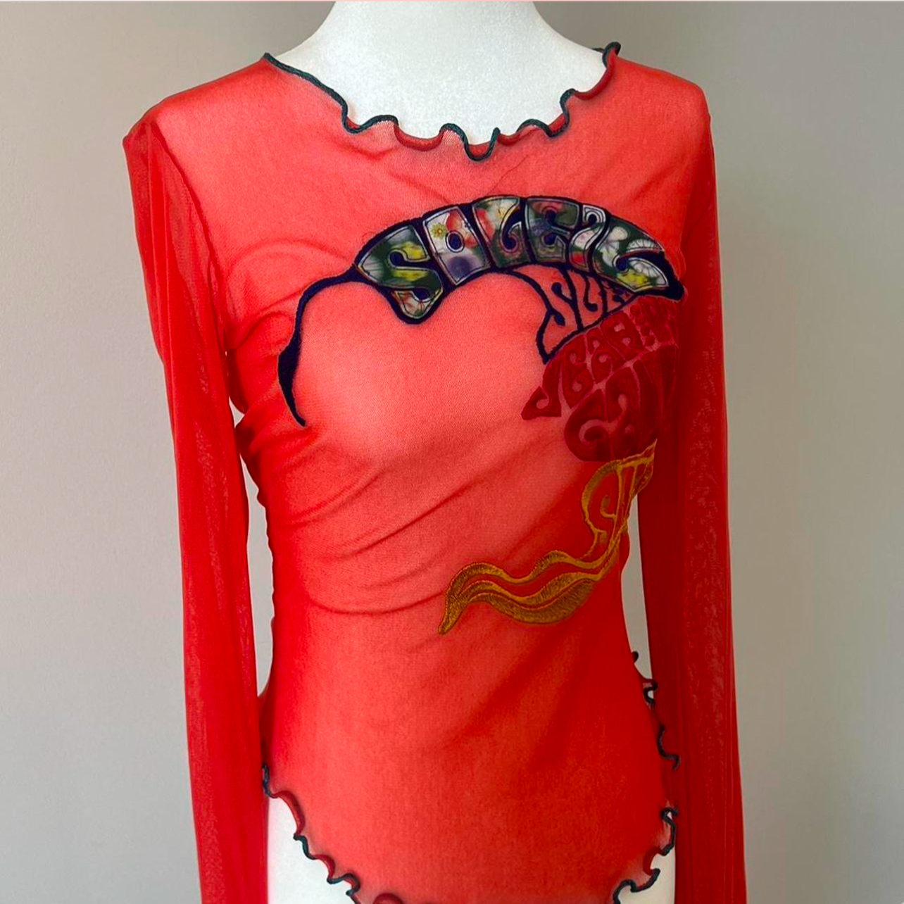 Jean Paul Gaultier 90-00's Mesh Sheer Graphic Long Sleeve Embroidered Lettuce Hem