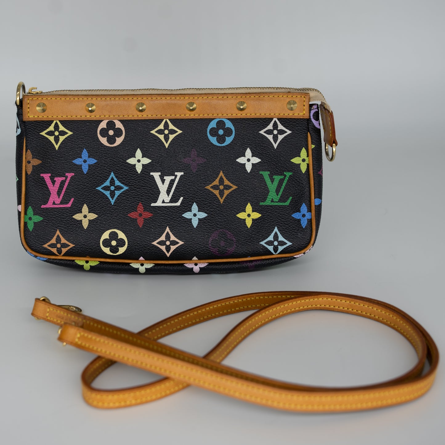Louis Vuitton Limited Edition Takashi Murakami Multicolor Black Pochette + Crossbody Strap
