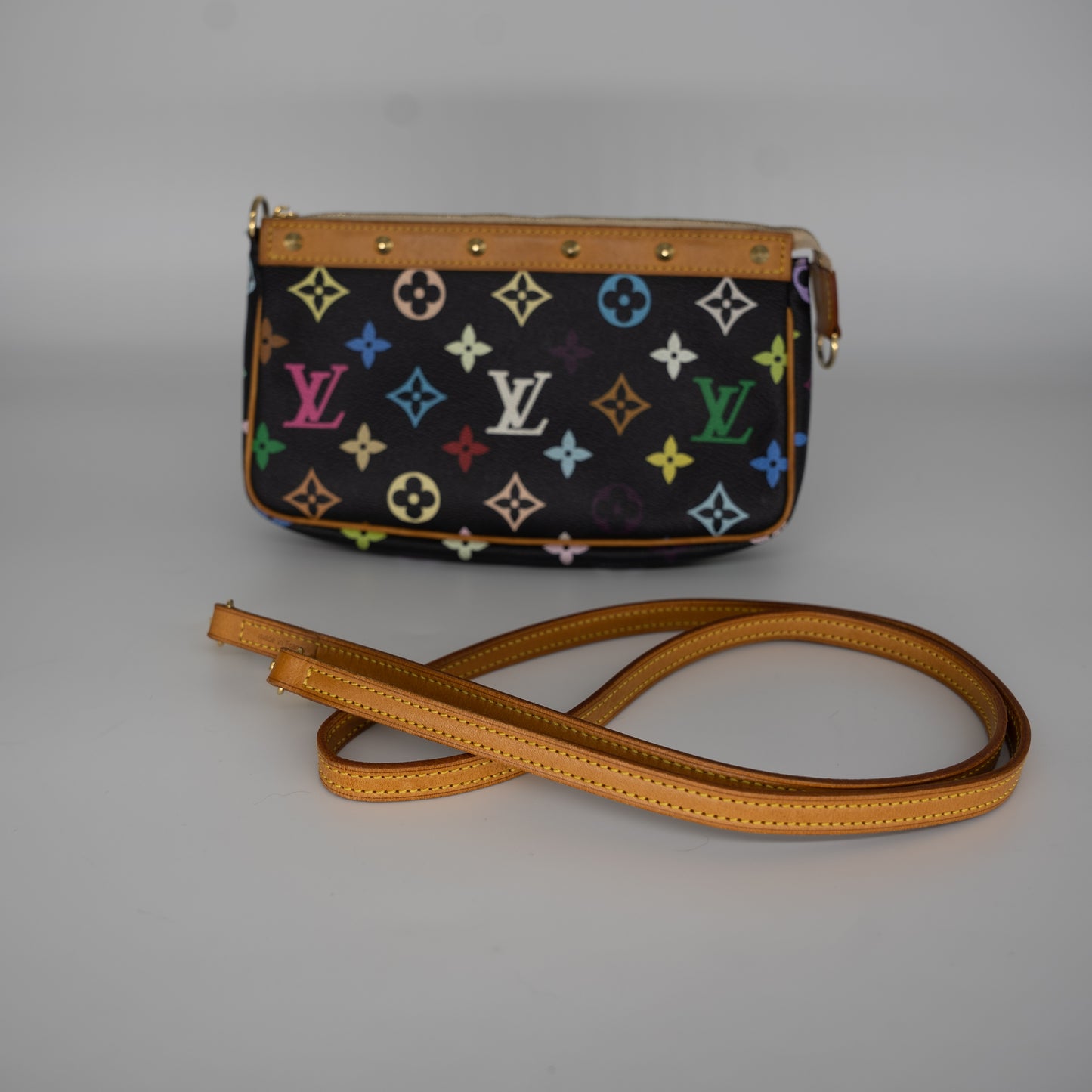 Louis Vuitton Limited Edition Takashi Murakami Multicolor Black Pochette + Crossbody Strap