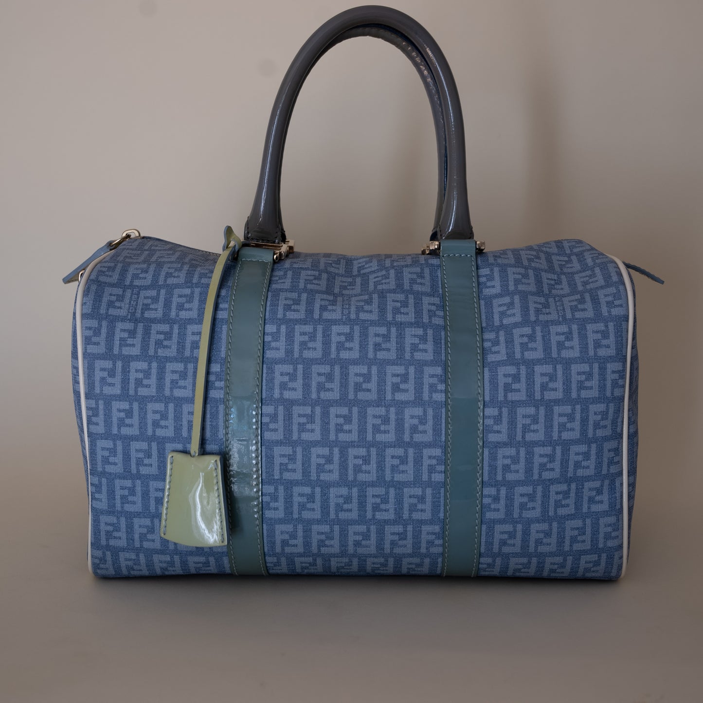 Fendi Zucchino Spalmati Canvas + Patent Leather Bauletto Boston Bag - Blue