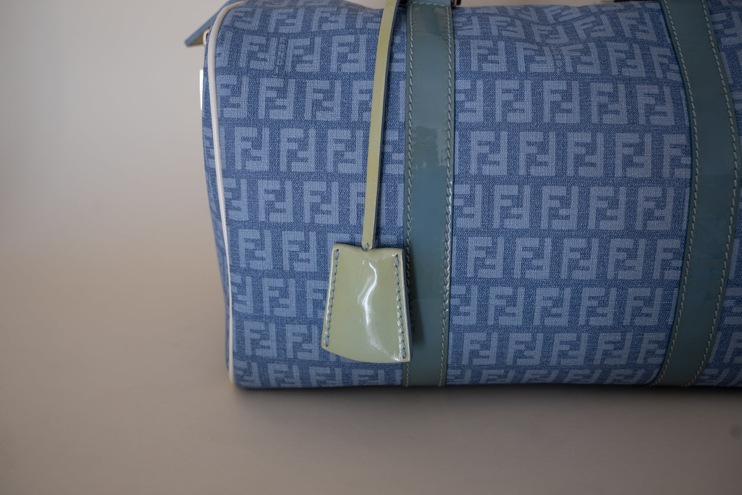 Fendi Zucchino Spalmati Canvas + Patent Leather Bauletto Boston Bag - Blue