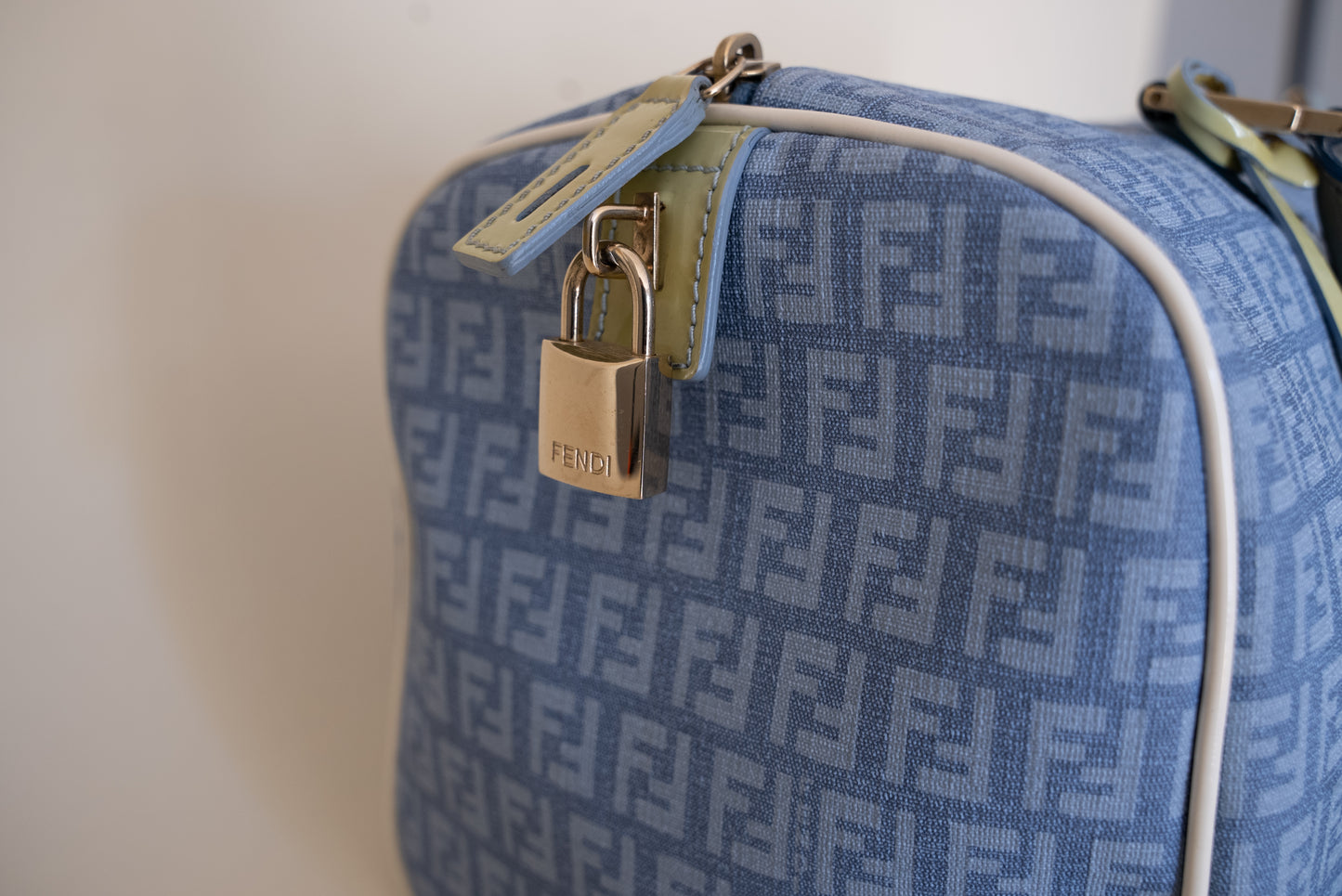 Fendi Zucchino Spalmati Canvas + Patent Leather Bauletto Boston Bag - Blue