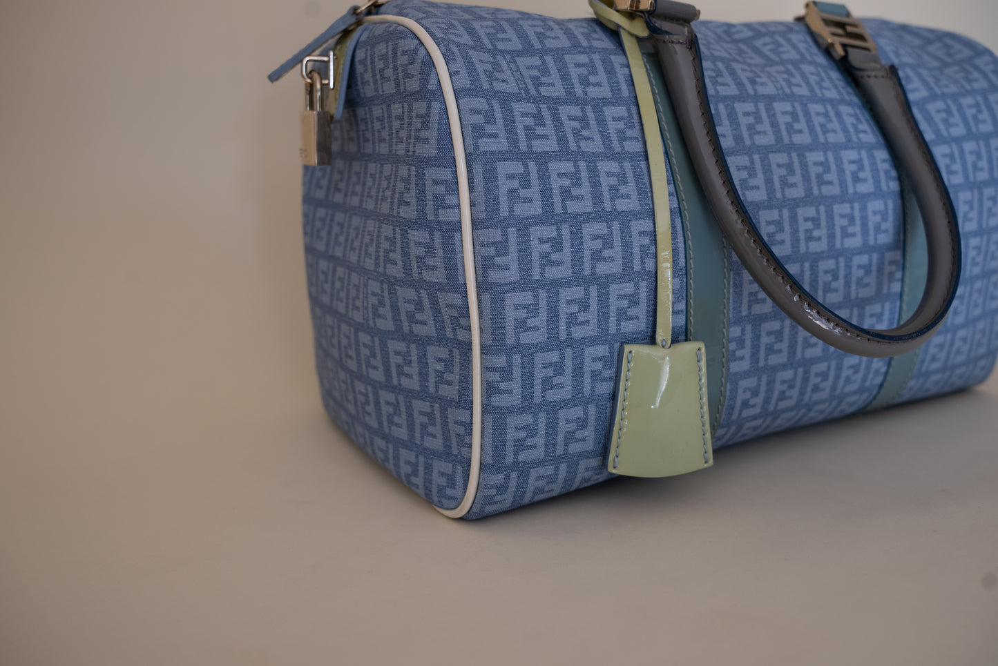 Fendi Zucchino Spalmati Canvas + Patent Leather Bauletto Boston Bag - Blue