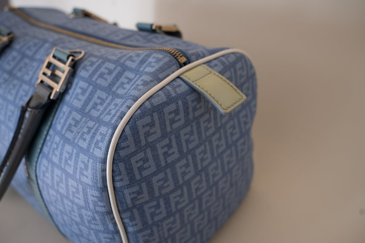 Fendi Zucchino Spalmati Canvas + Patent Leather Bauletto Boston Bag - Blue