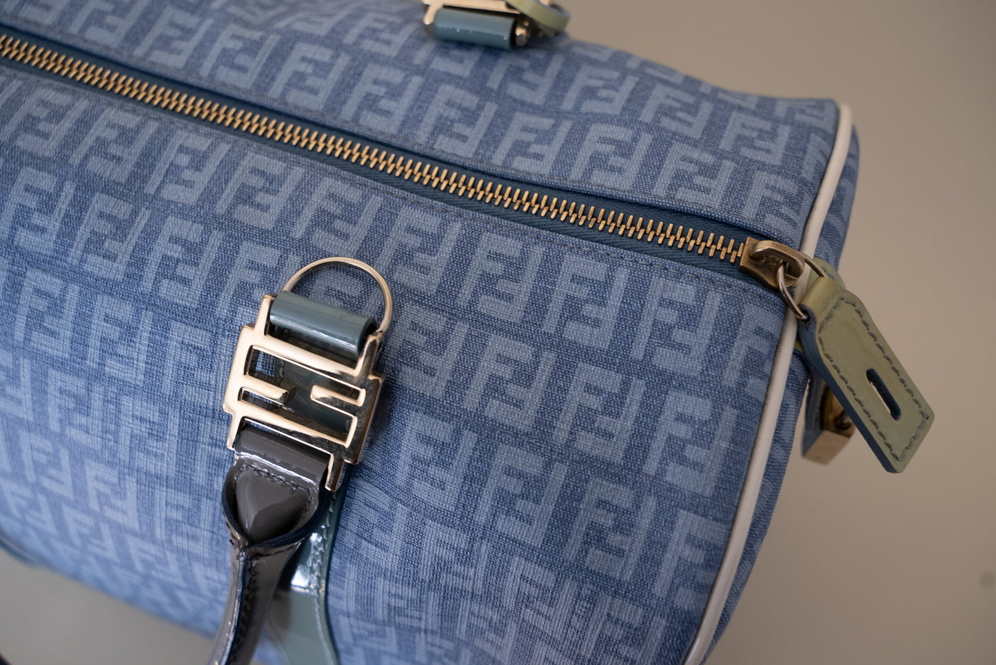 Fendi Zucchino Spalmati Canvas + Patent Leather Bauletto Boston Bag - Blue