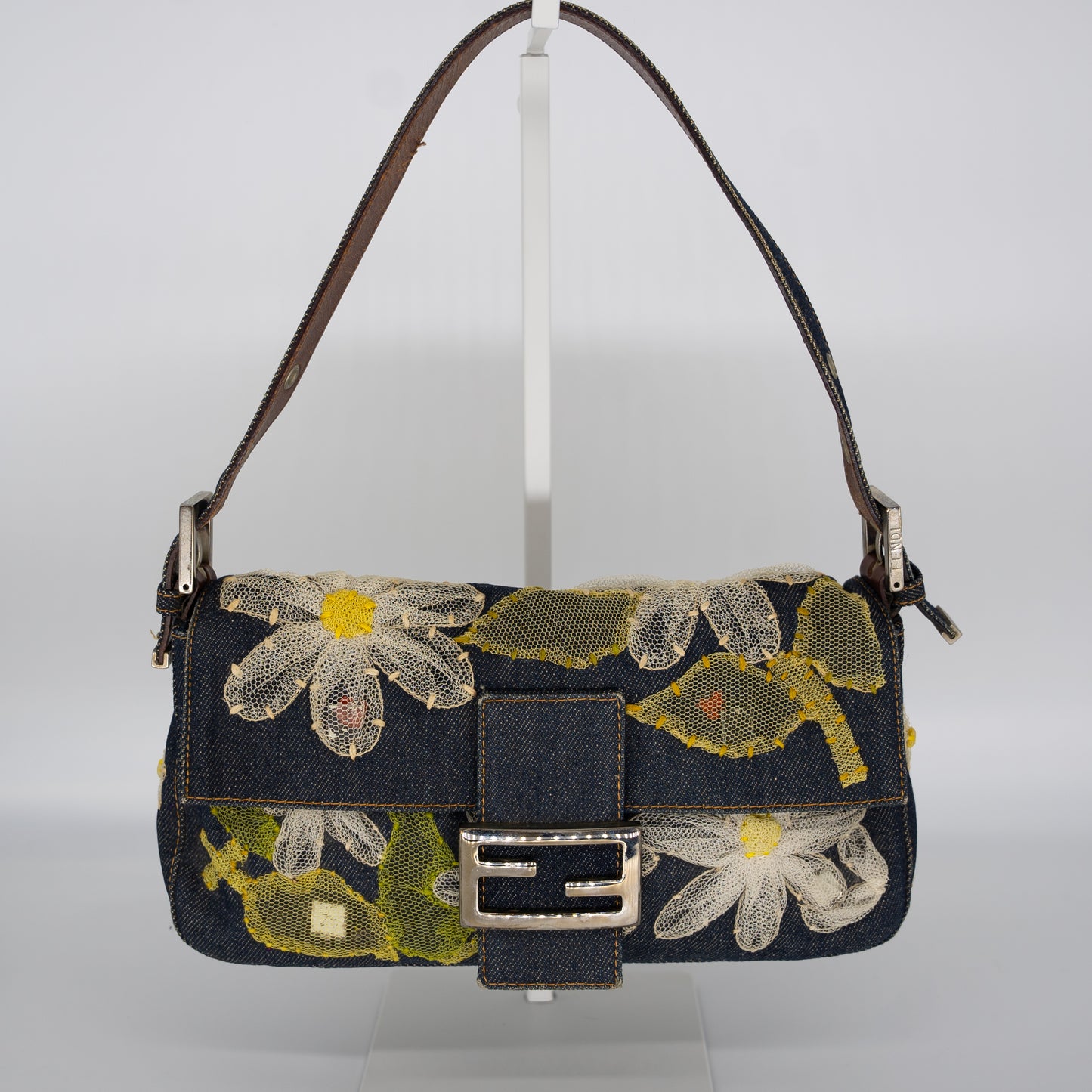 Fendi Denim Mesh Embroidered Floral Baguette