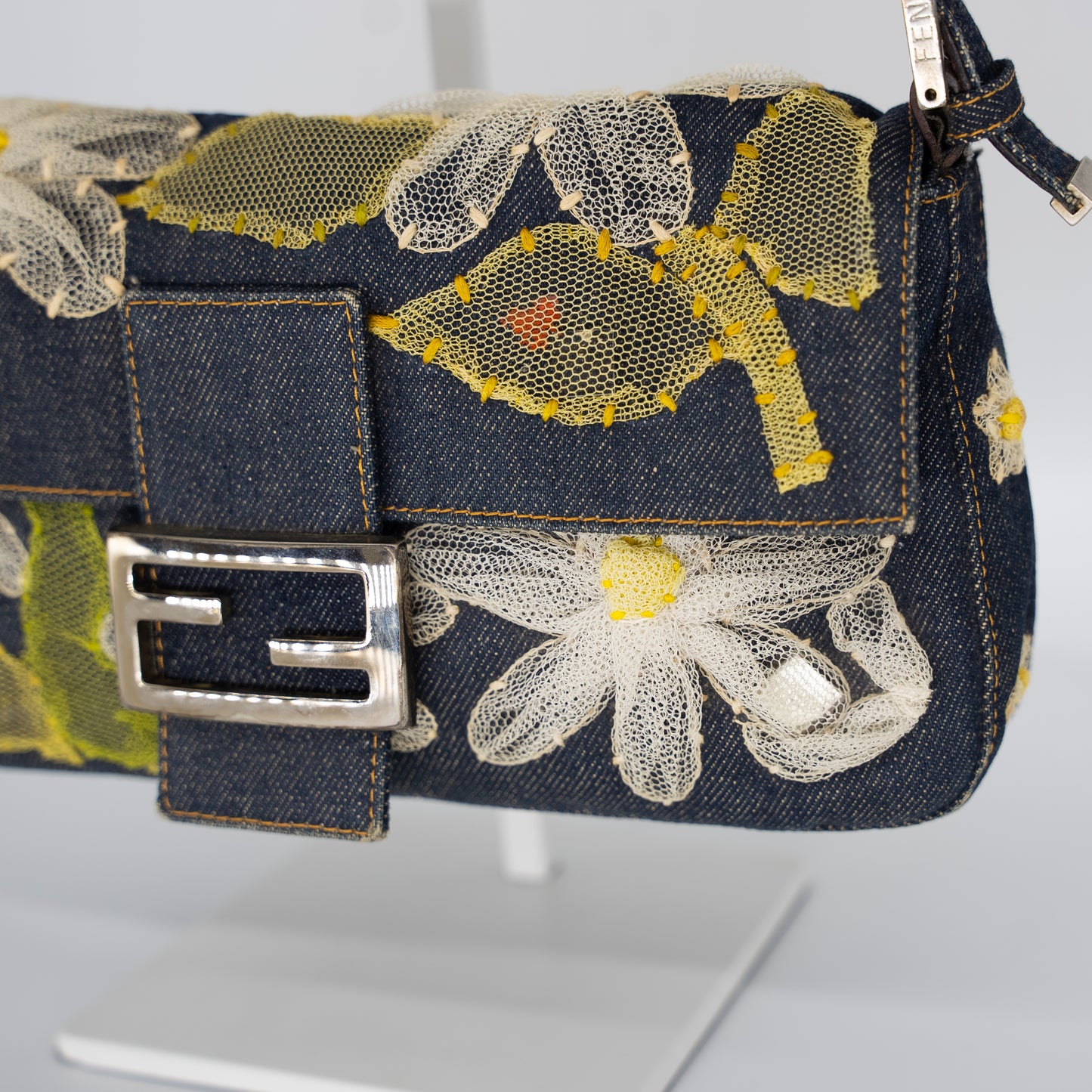 Fendi Denim Mesh Embroidered Floral Baguette