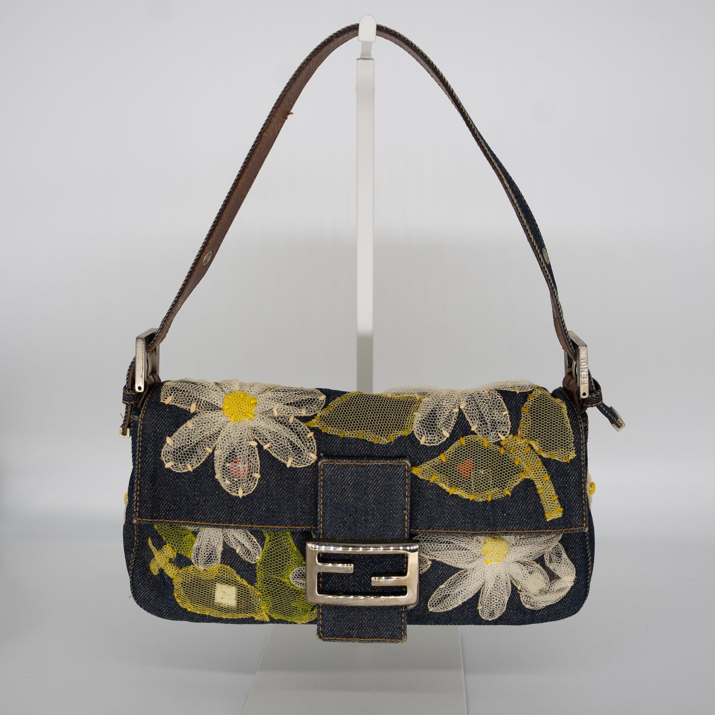 Fendi Denim Mesh Embroidered Floral Baguette