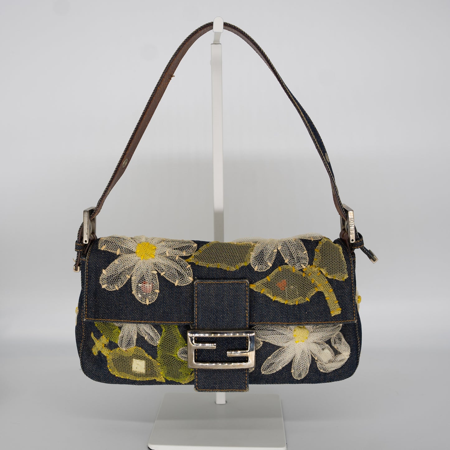 Fendi Denim Mesh Embroidered Floral Baguette