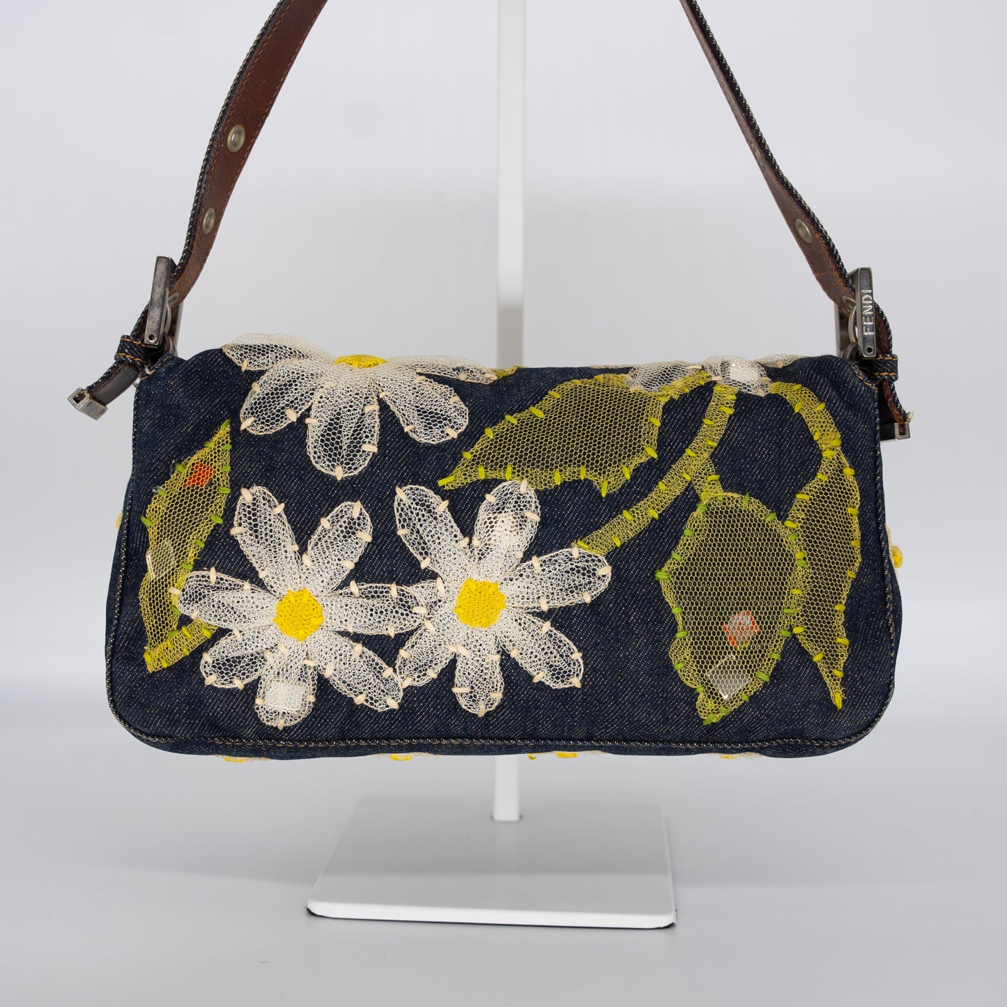 Fendi Denim Mesh Embroidered Floral Baguette