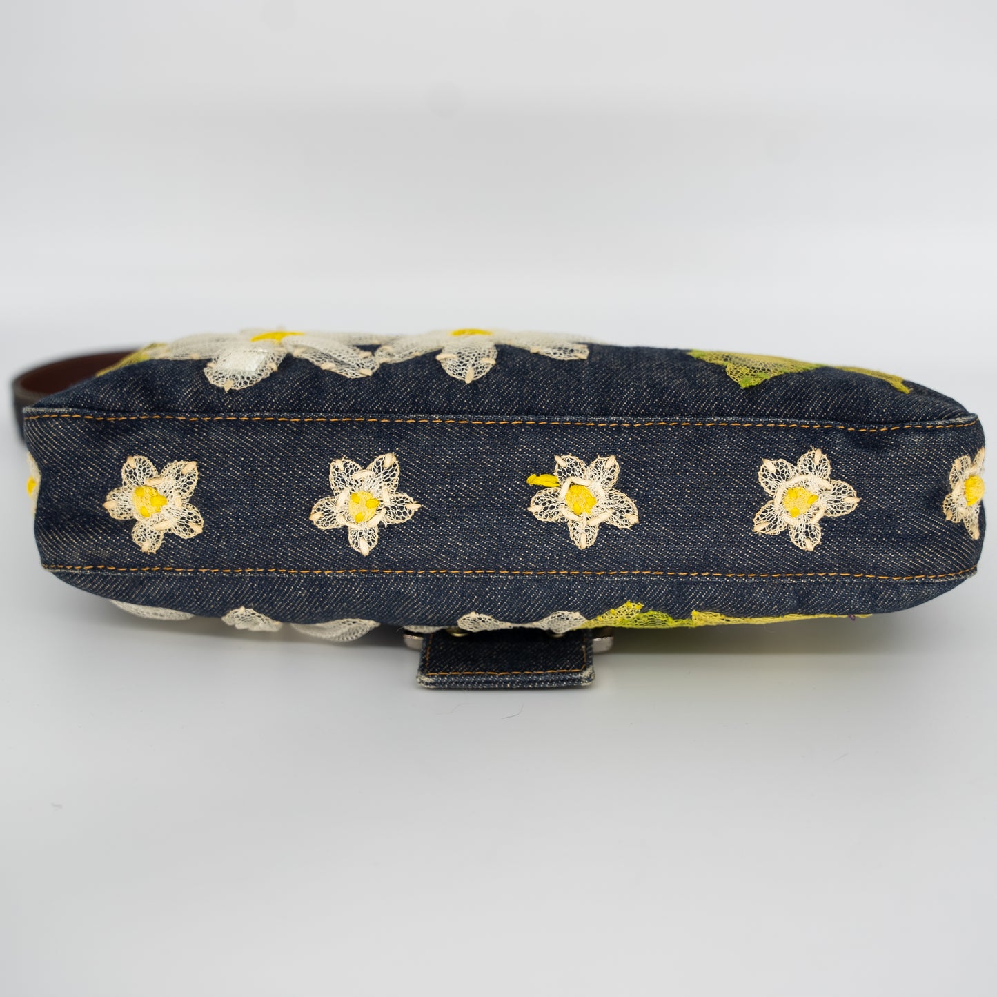 Fendi Denim Mesh Embroidered Floral Baguette