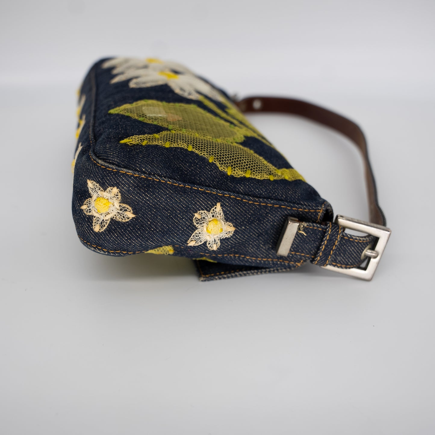 Fendi Denim Mesh Embroidered Floral Baguette