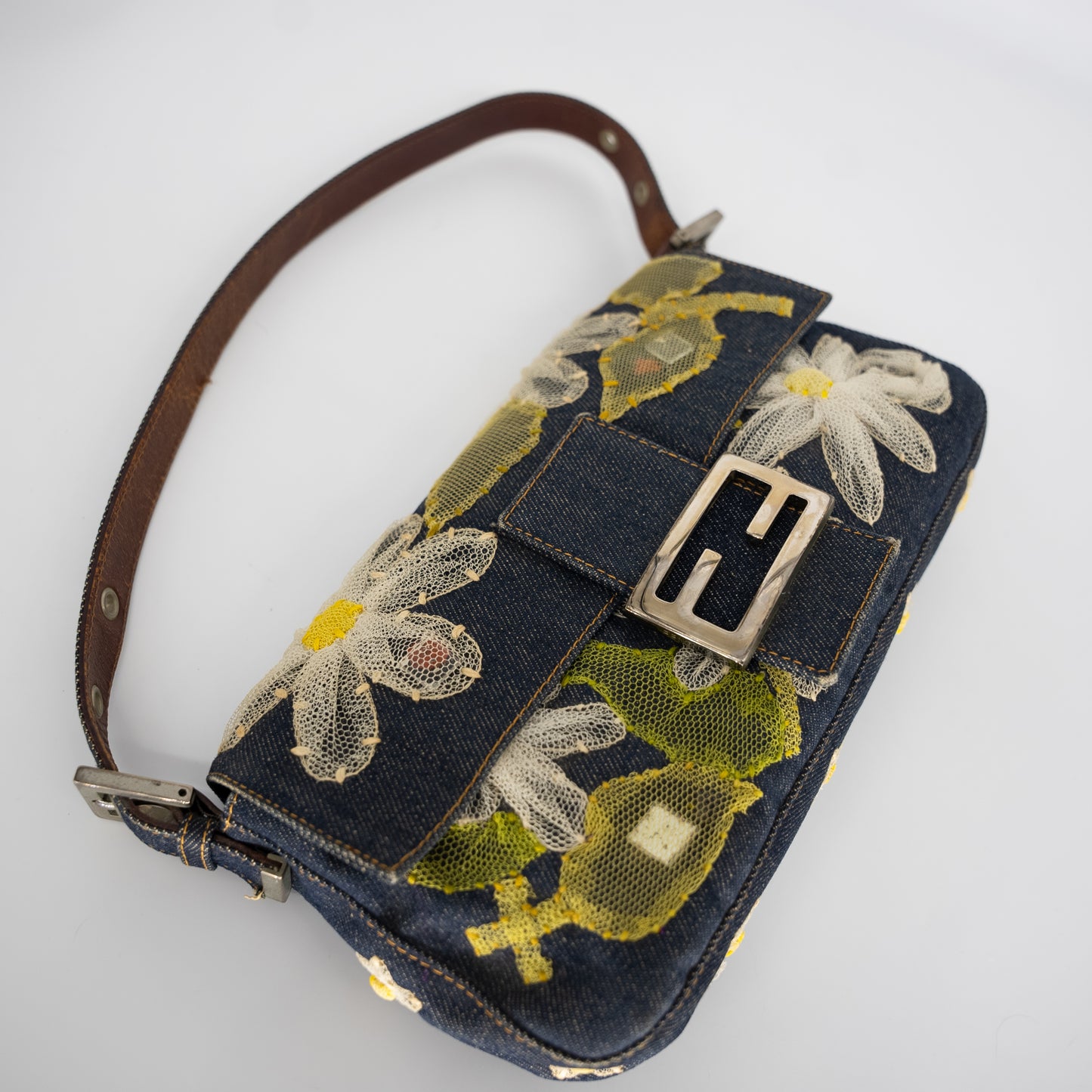 Fendi Denim Mesh Embroidered Floral Baguette