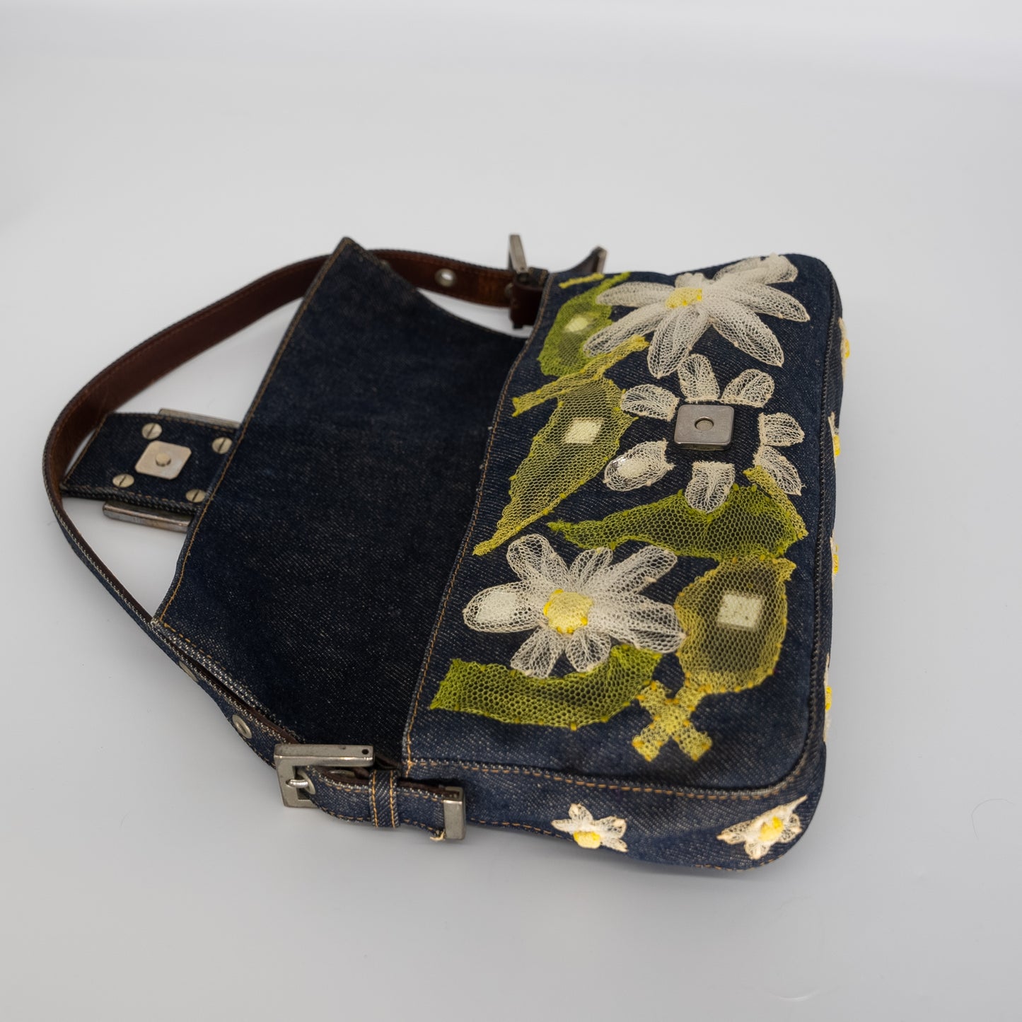 Fendi Denim Mesh Embroidered Floral Baguette