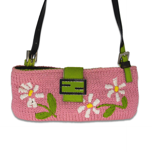 Fendi Knit Embroidered Floral Pony Hair Baguette