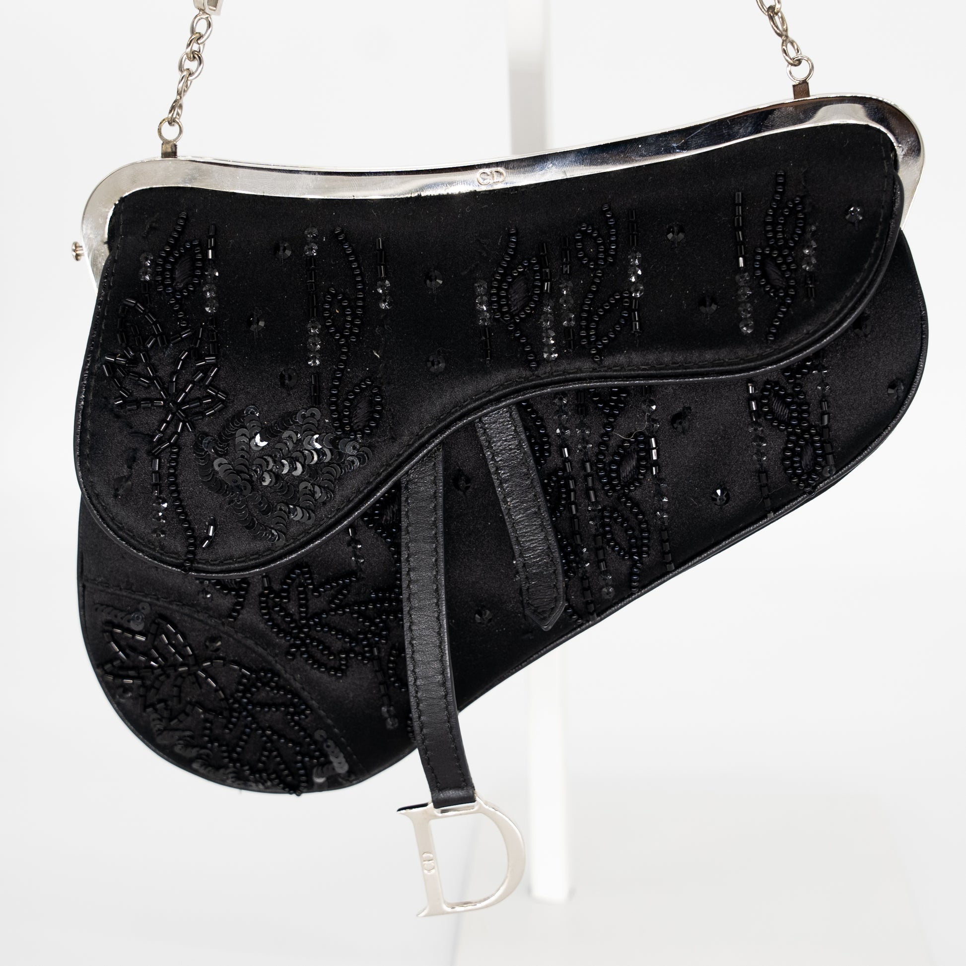 Dior Black Satin Mini Limited Edition Bead Embroidered Feather Saddle Bag  Dior