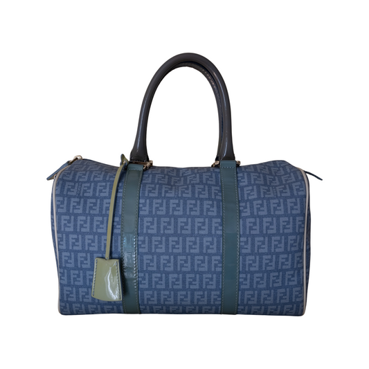 Fendi Zucchino Spalmati Canvas + Patent Leather Bauletto Boston Bag - Blue